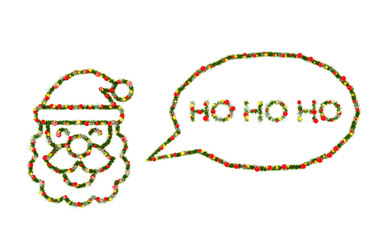 Beautiful Christmas Graphic Element with christmas wreath material in the shape of Greeting Santa Claus, with red orbs and snowflakes and shiny stars on transparent background (RGBA 3D Rendering PNG)