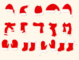 Collection of Christmas decorations isolated on white background. Bundle of Santa hats, socks, and mittens. Adorable cartoon character set. Flat vector illustration.