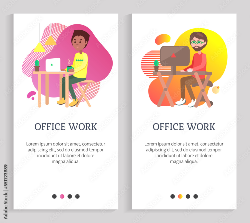 Poster man working with computer, wireless device, portrait view of worker using pc, desktop and monitor, e
