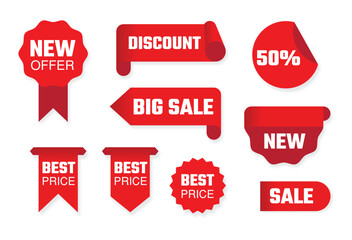Set of price tags with various shapes, realistic discount red tag for sale promotion, special offer, suitable for business promotion
