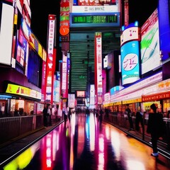 A night of the neon street at the downtown in Shinjuku Tokyo wide shot, Photography, Realism