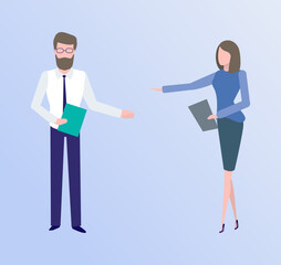 Man and woman workers character, colleagues presentation or seminar, full length and portrait view of employee, people managers, business decoration vector