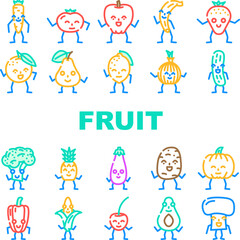 fruit vegetable character food icons set vector. paper work, informationfolder, contract computer, digital technology, corporate fruit vegetable character food color line illustrations