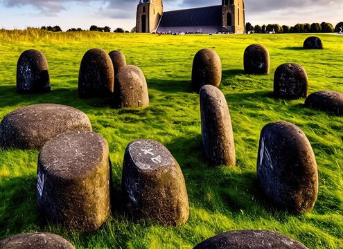 Jelling Mounds, Runic Stones And Churchin Denmark. Artist Depiction Illustration