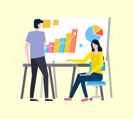 People brainstorming on project development vector, analysis and stats in visual form, charts and infographics, collaboration of partners, man and woman