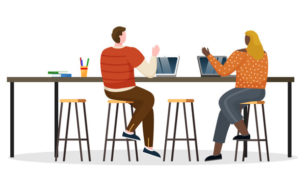 Woman and man greet each other, coworkers meet in open space. Office workers type on laptops together. People sit on high chair by table and work on computers. Vector illustration in flat style