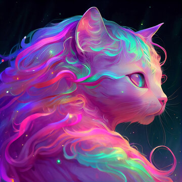 Neon rainbow anime kawaii cat Stock Illustration