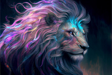 Opalescent lion with long main and neon colors