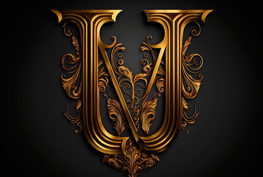 Upsilon symbol Greek alphabet sign of the upsilon letter in abstract gold on a dark backdrop.. Generative AI