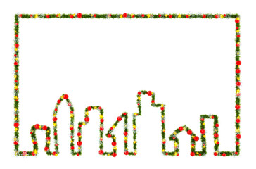 Beautiful Christmas Frame with christmas wreath material in the shape of cityscape, with red orbs and snowflakes and shiny stars on transparent background (RGBA 3D Rendering PNG)