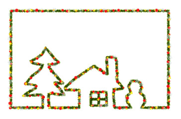 Beautiful Christmas Frame with christmas wreath material in the shape of tree, house and snowman, with red orbs and snowflakes and shiny stars on transparent background (RGBA 3D Rendering PNG)