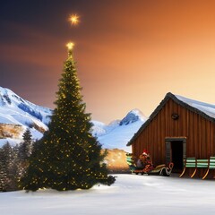View of illuminated Christmas tree with sleigh in front of alpine hut at dusk, Whimsical, Photography, Realism