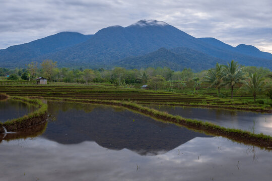 Indonesia landscape in the morning, beautiful mountain reflection