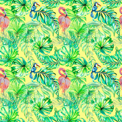Tropical birds and palm leaves watercolor seamless pattern on yellow background © Ekaterina Lanbina