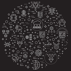 Simple Set of big data and database Related Vector Line Illustration. Contains such Icons as network, processing, analytics, search, mining, filter, flow, cloud and Other Elements. 