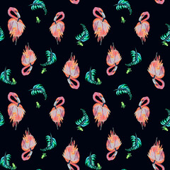 Tropical birds flamingo and palm leaves watercolor seamless pattern on dark background.