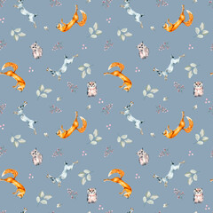 Wild animals, hare, fox, owl and plants watercolor seamless pattern isolated on blue.