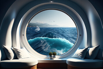 Naklejka premium View of the ocean from a white yacht's interior.. Generative AI