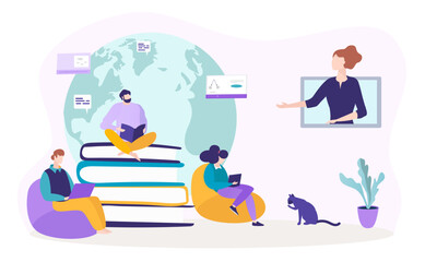 Fototapeta premium Online education process modern laptop digital gadget internet remote obtain knowledge flat vector illustration, isolated on white.
