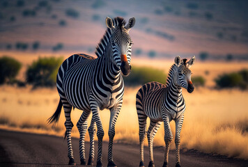 Obraz premium A mother zebra and her youngster are shown in a blurry photograph standing on the road.. Generative AI