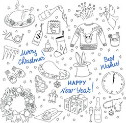 Black and white doodle on the theme of the new year 2023.