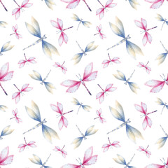 Watercolor hand drawn seamless pattern with illustration of colorful exotic dragonflies. Pink, blue, yellow, green elements isolated on white background. Spring wallpaper