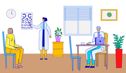 Doctor medical examination patient, therapist character sick vision therapy line flat vector illustration, comfortable physician office.