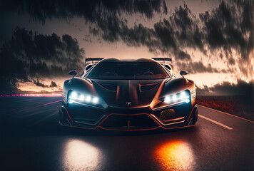 Xenon lighting on a high end sport automobile. in front. driving in the dusk. Generative AI