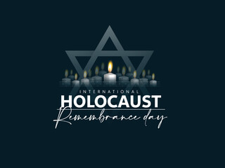 International Holocaust Remembrance Day, Glowing Jewish star and text, Burning candle and flag of Israel, dark background - obrazy, fototapety, plakaty