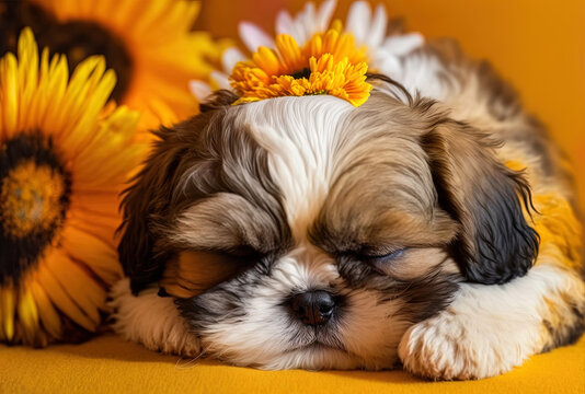 Puppy Shih Tzu with an orange bow. Pet or charming dog is sleeping on a yellow backdrop. the dog in a chrysanthemum. Insert your words or image into the blank space.. Generative AI