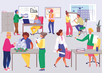 Engineer architect character group people together work project, design company employee flat vector illustration, business bureau office.