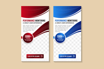 banner template design for promotion of performance monitoring. vertical layout with roll up banner with space for photo collage. blue and red gradient elements on white background. halftone pattern.