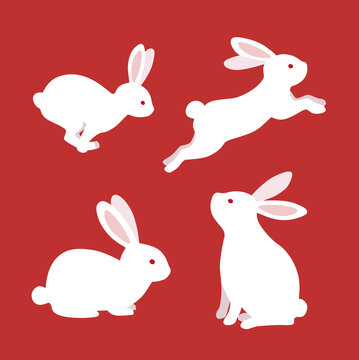 Cute white rabbits in various poses. rabbit animal icon isolated