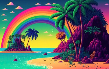 Obraz na płótnie Canvas Tropical island with unspoiled beach and tall coconut palm trees - fabulous summer sky with rainbow and calm ocean waves. vibrant colorful seascape illustration.