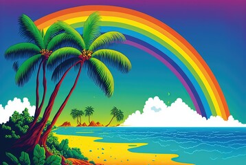 Fototapeta na wymiar Tropical island with unspoiled beach and tall coconut palm trees - fabulous summer sky with rainbow and calm ocean waves. vibrant colorful seascape illustration.