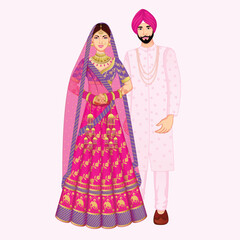 Indian Wedding Punjabi Couple Standing wearing Sherwani and lehenga