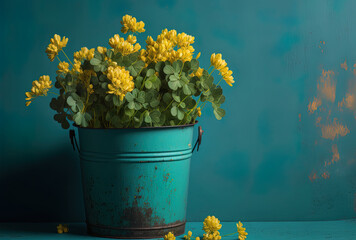 against a blue backdrop, a still life close up of a cluster of clovers in a yellow bucket, with copy space. Generative AI