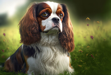 King Charles's cavalier dog is portrayed against blurry green grass.. Generative AI