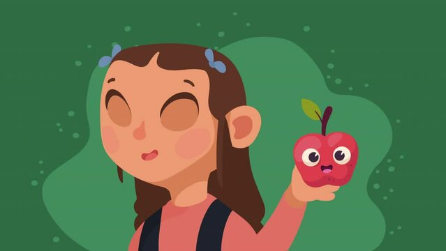 little student girl with apple fruit