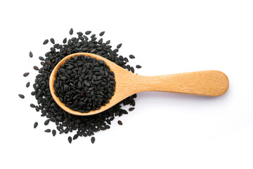 Black sesame seeds in wooden spoon isolated on white background , top view , flat lay.
