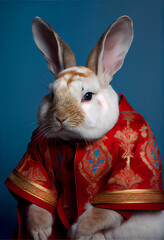 Obraz na płótnie Canvas Adorable Rabbit Wearing Traditional Chinese Red and Gold Jacket for Celebration of Lunar New Year. Generative AI