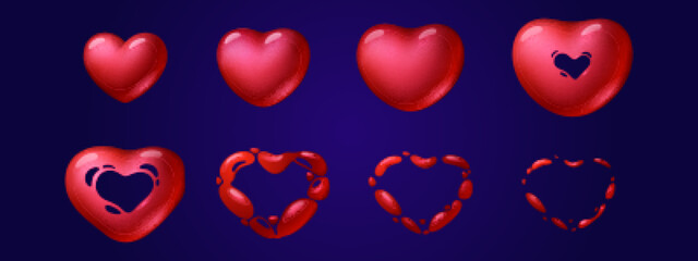 Heart explosion animation sprite sheet, sequence frame with red cartoon heart disappear in air. Love spell, boom comic book effect, ui storyboard motion and diffusion vfx effect, Vector illustration