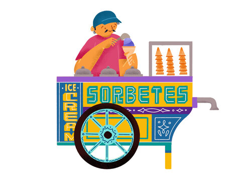 Filipino sorbetes cart side view illustration in cool colors with male vendor