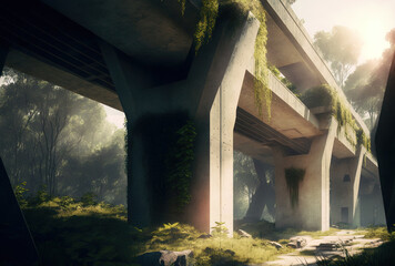 picture from a low angle of a concrete bridge bathed in sunlight and surrounded by vegetation. Generative AI