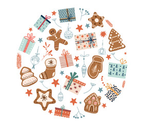 New year and Christmas decoration. Gift boxes and gingerbread cookies in circle