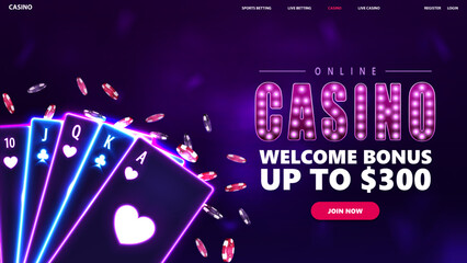 Online casino, purple banner design for website with offer, neon casino playing cards and poker chips on blurred background