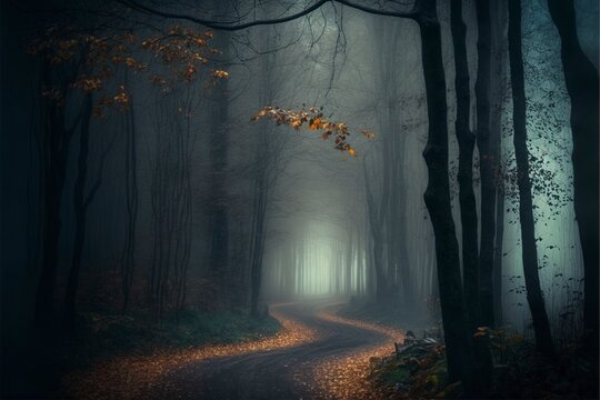 Autumn in the forest, dark foggy day