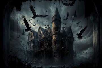 black birds of doom chaotically flying along with dark spirits released from imprisonment in a vampire castle, dark clouds, detailed - obrazy, fototapety, plakaty