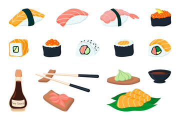 Set of illustrations of sushi rolls and sashimi - obrazy, fototapety, plakaty