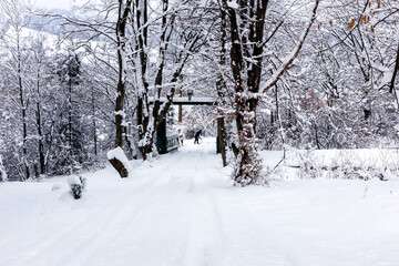 The road is covered with snow, a man with a shovel